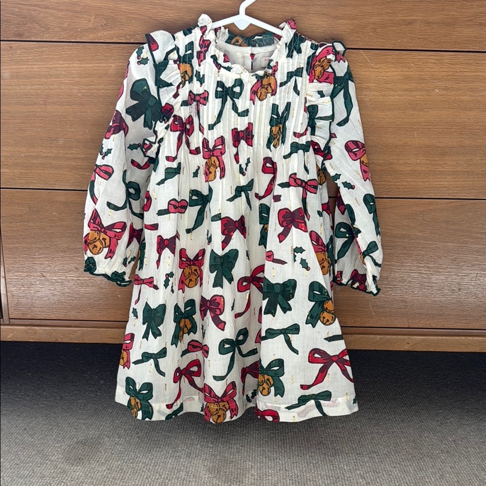 Pink Chicken Girls Cream Bow-Print Long Sleeve Dress